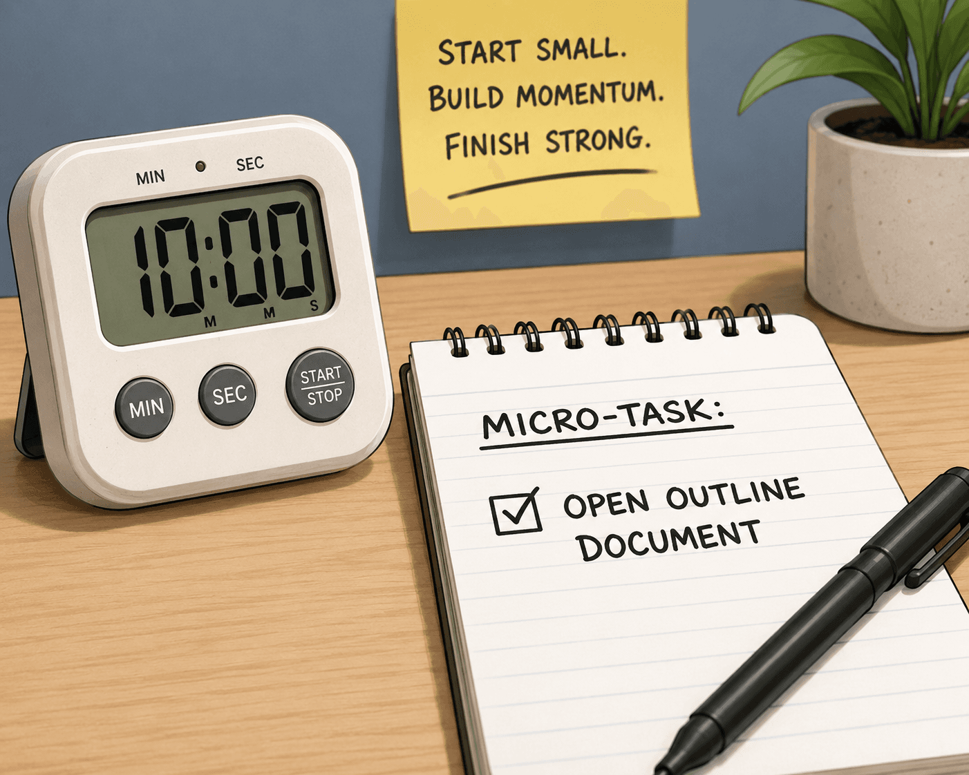A physical desktop timer set to 10 minutes beside a notepad with a single clearly written micro-task