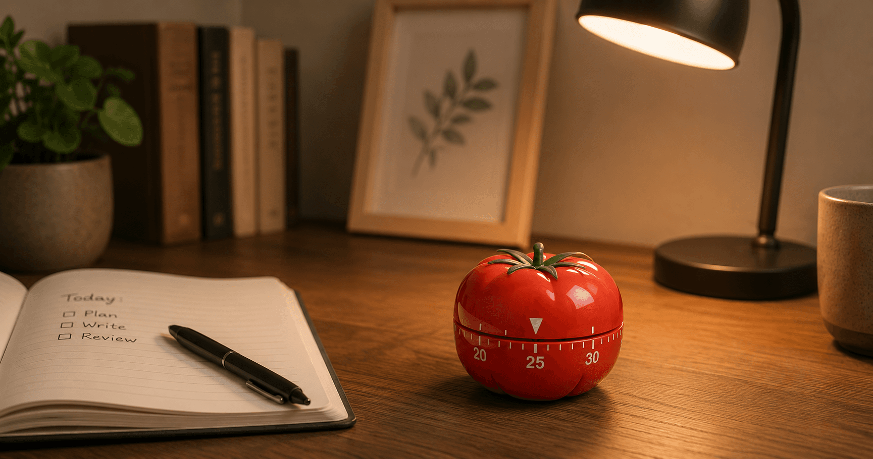 A tomato-shaped kitchen timer beside an open notebook and pen on a calm, warmly lit desk