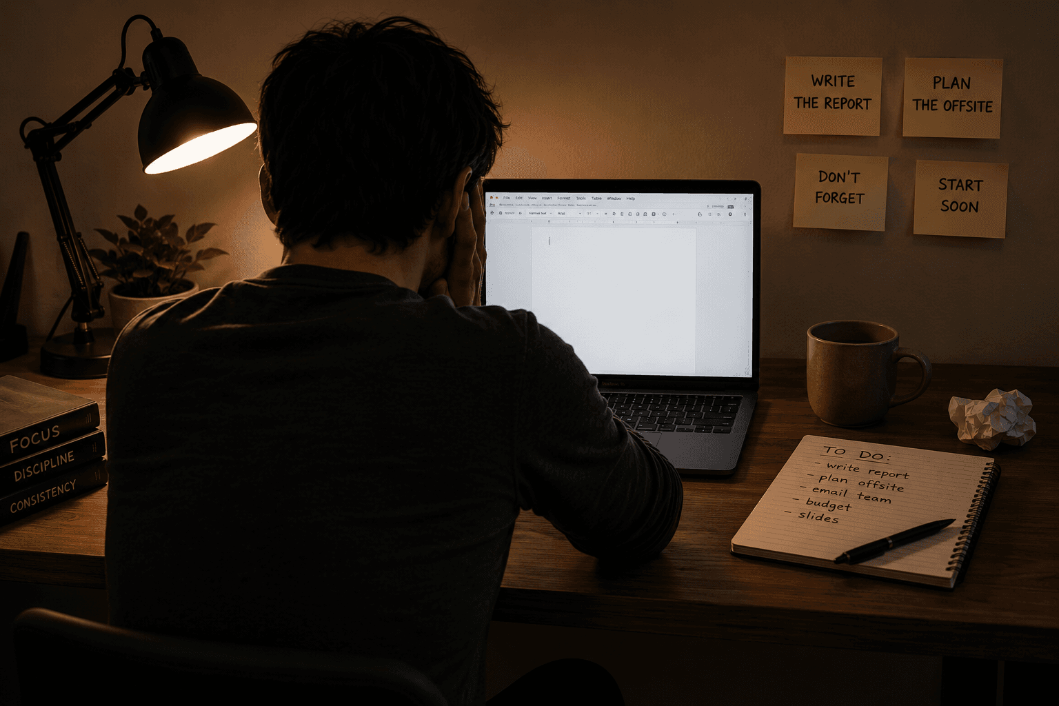 A person frozen at a cluttered desk staring blankly at a laptop screen, surrounded by sticky notes and unfinished tasks