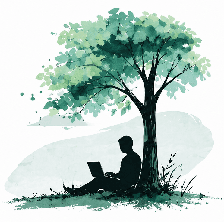 A person sitting against a tree with a laptop on their lap — finding peace while working.