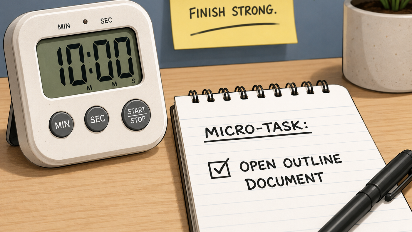 An illustrated checklist showing a physical desktop timer set to 10 minutes positioned next to a clean notepad with a single, highly specific micro-task written in bold