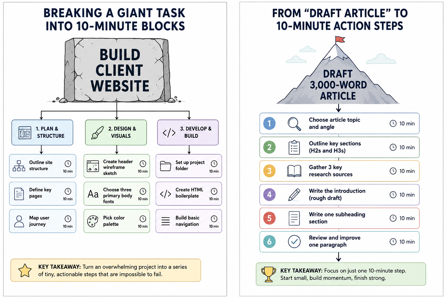 A diagram showing a large task box labeled "Build Client Website" breaking down hierarchically into tiny 10-minute blocks like "Create header wireframe sketch" and "Choose three primary body fonts"